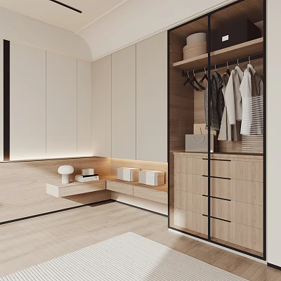 Modern Minimalist Wardrobe Interior With Open Hanging Rod Wooden Drawers And LED Lights 3d model