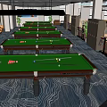 Billiard Room Interior Featuring Green Felt Tables Ceiling Lighting Comfortable Sofas And TV Screens 3d model