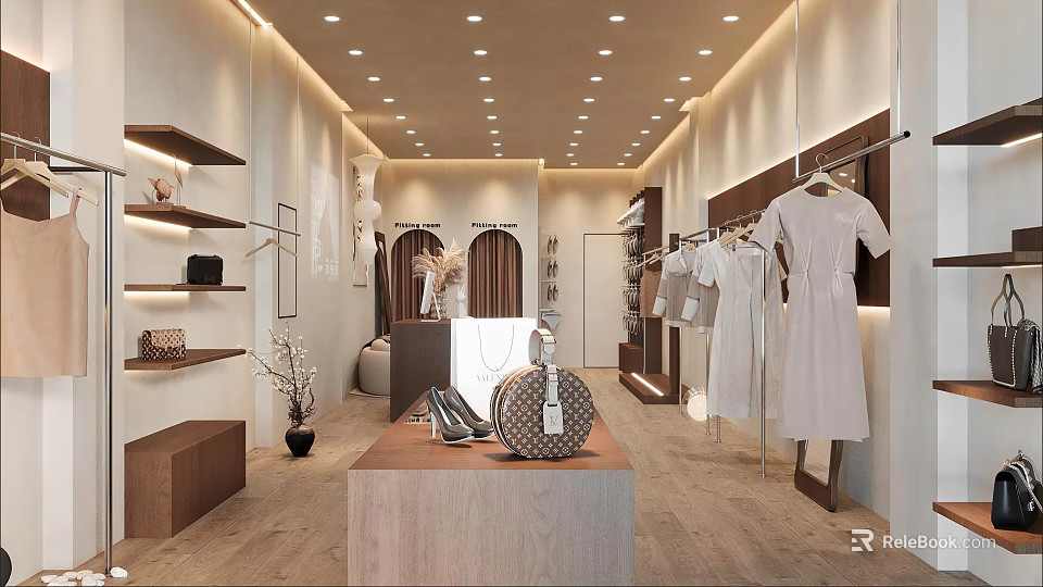 Warm Modern Clothing Store Interior Design With Elegant Ladies Outfits And Fashion Accessories 3d model 