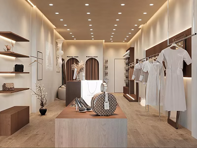 Warm Modern Clothing Store Interior Design With Elegant Ladies Outfits And Fashion Accessories 3d model