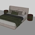 Modern Light Colored Double Bed With Upholstered Headboard Multiple Pillows Striped Blanket And Nightstands 3d model
