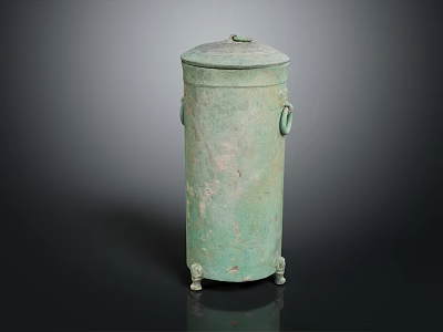 Ancient Bronze Vessel With Cylindrical Shape Lid Ring Handles And Three Legs 3d model