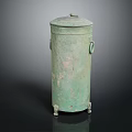 Ancient Bronze Vessel With Cylindrical Shape Lid Ring Handles And Three Legs