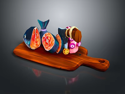 Wooden Cutting Board Display With Sliced Fish Decorative Bottle And Yellow Object 3d model