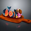 Wooden Cutting Board Display With Sliced Fish Decorative Bottle And Yellow Object