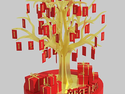 Golden Tree With Red Cards And Gift Boxes For Happy New Year Celebration 3d model