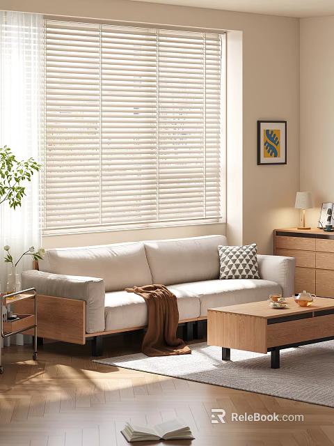 Soft Beige Upholstered Three Seater Sofa With Natural Wooden Frame For Warm Cozy Bright Living Room 3d model 