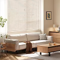 Soft Beige Upholstered Three Seater Sofa With Natural Wooden Frame For Warm Cozy Bright Living Room