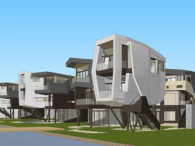 Modern Detached House Exterior With Unique Architectural Design Large Windows And Green Lawn 3d model