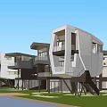 Modern Detached House Exterior With Unique Architectural Design Large Windows And Green Lawn