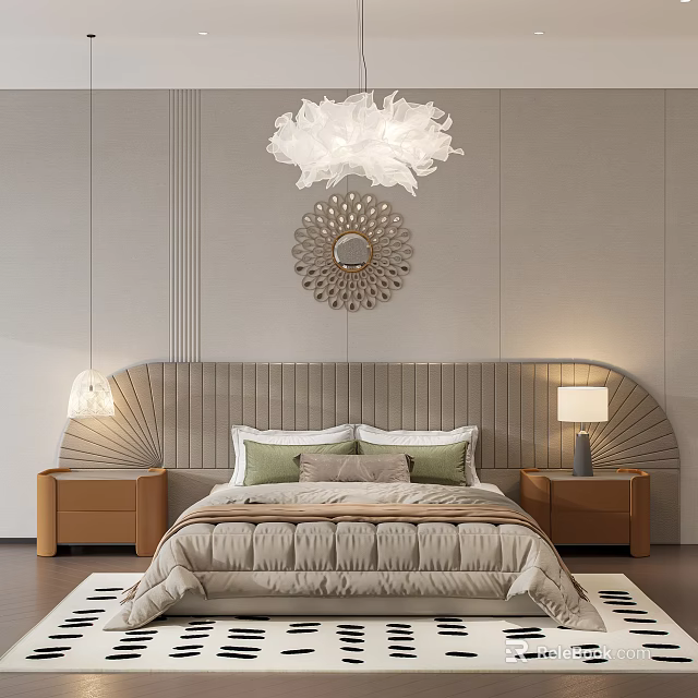 Modern Double Bed with Curved Headboard Beige Quilt Green Pillows Wooden Nightstands White Feather Chandelier 3d model 