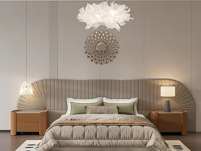 Modern Double Bed with Curved Headboard Beige Quilt Green Pillows Wooden Nightstands White Feather Chandelier 3d model