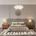 Modern Double Bed with Curved Headboard Beige Quilt Green Pillows Wooden Nightstands White Feather Chandelier