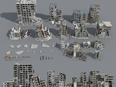 Damaged Building Components From Collapsed Structures Including Walls Bricks And Reinforced Bars 3d model