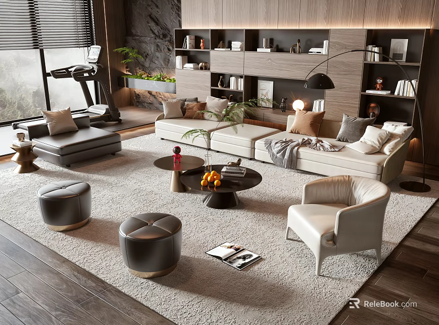 Modern Sofa And Coffee Table Set With Plush Rug Armchair And Decorative Accents 3d model 