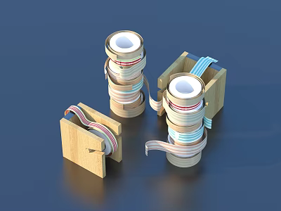 Everyday Household Supplies Colorful Tape Rolls Neatly Arranged In Wooden Holders 3d model