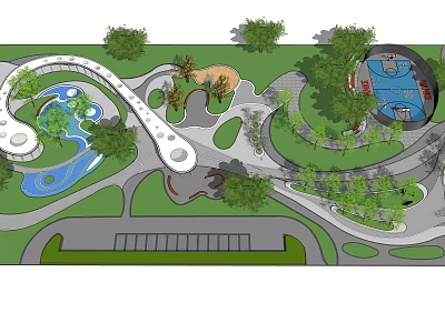 Park Landscape Design with Winding Paths Lush Greenery Water Ponds and Seating Areas 3d model
