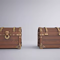 Two Vintage Wooden Chests With Golden Metal Decorations Intricate Carvings And Wood Grain