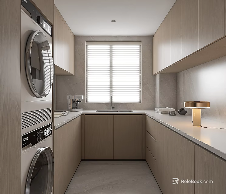Modern Home Balcony With Washing Machine Cabinets Window Blinds And Countertop Lamp 3d model 