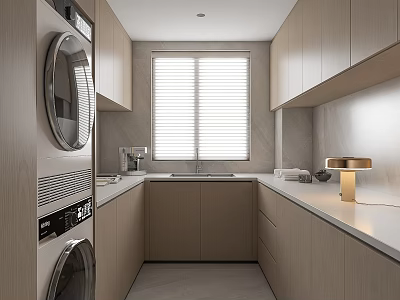 Modern Home Balcony With Washing Machine Cabinets Window Blinds And Countertop Lamp 3d model