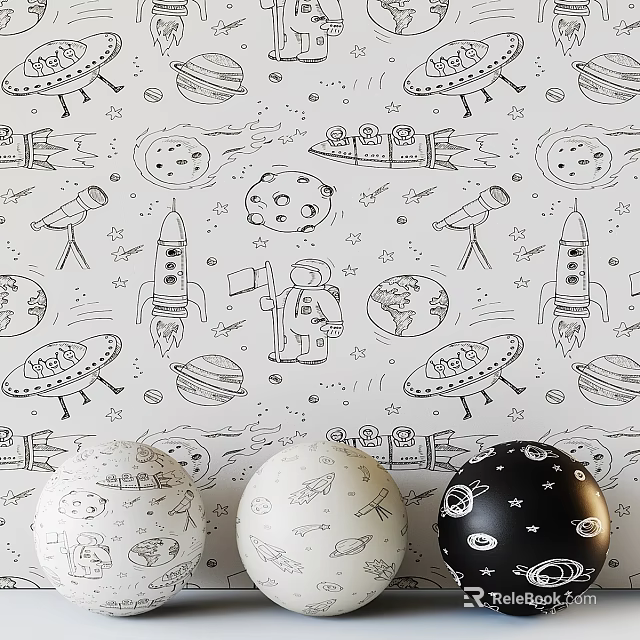 Space Themed Decor Elements With Planet Models Rocket Patterns And Astronaut Figure On White Wallpaper 3d model 