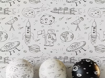 Space Themed Decor Elements With Planet Models Rocket Patterns And Astronaut Figure On White Wallpaper 3d model