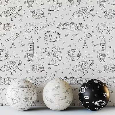 Space Themed Decor Elements With Planet Models Rocket Patterns And Astronaut Figure On White Wallpaper 3d model