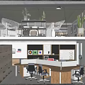 Public Office Area Interior With Wooden Ceiling Open Layout Display Shelves And White Cube Seats
