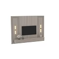 Modern Striped TV Wall Design with Brass Wall Sconces and Decorative Console Items