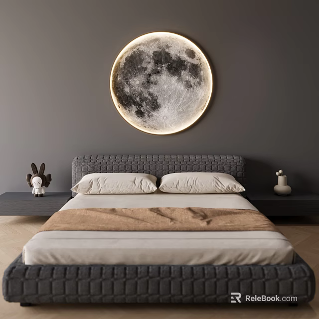 Round Moon Shaped Wall Light With Glowing Frame Enhances Modern Bedroom Decor And Gray Bed 3d model 