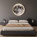 Round Moon Shaped Wall Light With Glowing Frame Enhances Modern Bedroom Decor And Gray Bed