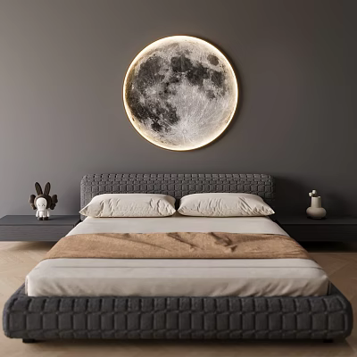 Round Moon Shaped Wall Light With Glowing Frame Enhances Modern Bedroom Decor And Gray Bed 3d model