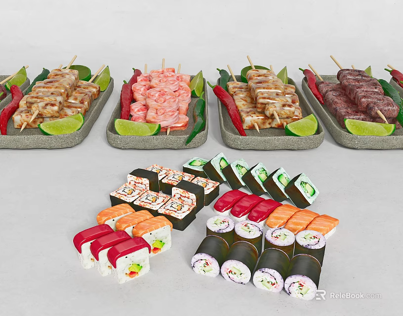 Delicious Assorted Sushi Rolls And Grilled Skewers With Fresh Lime Wedges On Plates 3d model 