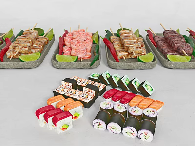 Delicious Assorted Sushi Rolls And Grilled Skewers With Fresh Lime Wedges On Plates 3d model