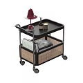 Modern Rolling Side Table With Black Tabletop Rattan Shelf Red Lamp And Storage Wheels
