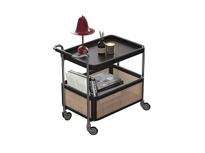 Modern Rolling Side Table With Black Tabletop Rattan Shelf Red Lamp And Storage Wheels 3d model