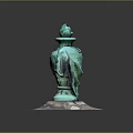 Turquoise Vase Shaped Sculpture Carving with Figural Details and Transparent Base on Black Background