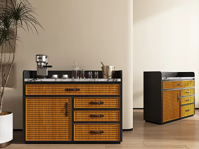 Elegant Modern Wine Cabinet With Woven Rattan Doors Marble Countertop And Drawers 3d model