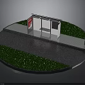 Modern Bus Stop Shelter Structure with Glass Walls Grass Area and Pavement Trash Can