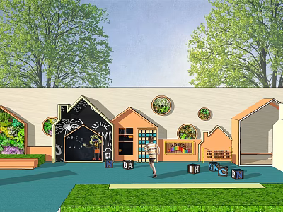 Creative Children's Playground Equipment With House Shaped Structures Green Lawn And Trees 3d model