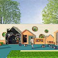 Creative Children's Playground Equipment With House Shaped Structures Green Lawn And Trees