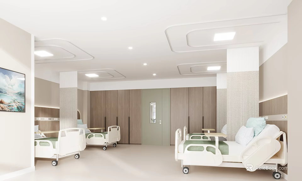 Modern Hospital Ward Interior With Beds And Cabinets 3d model 
