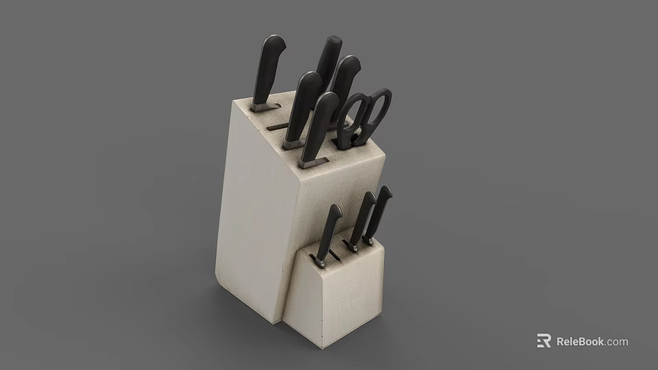 Practical Kitchen Knife Set with Black Handles and Beige Storage Block 3d model 