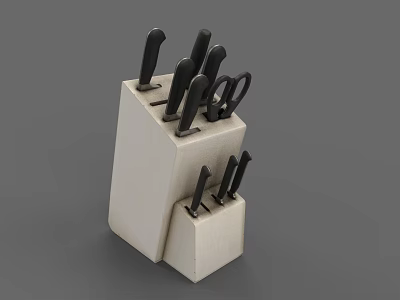 Practical Kitchen Knife Set with Black Handles and Beige Storage Block 3d model