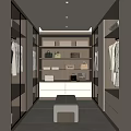 Luxurious Walk-in Closet Interior With Built-in Lighting Shelves Drawers Storage Boxes And Bench