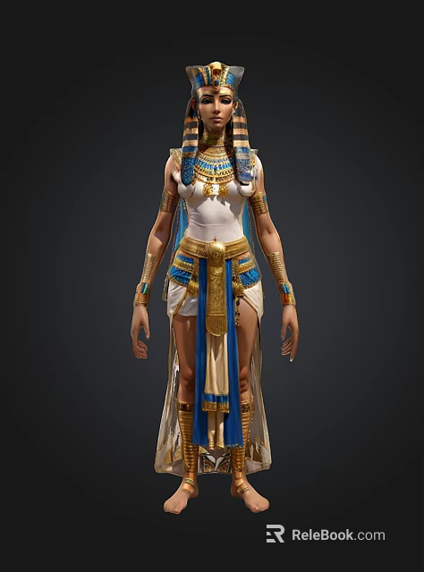 Ancient Egyptian Traditional Costume With Golden Ornaments Blue White Colors Headpiece And Belt 3d model 