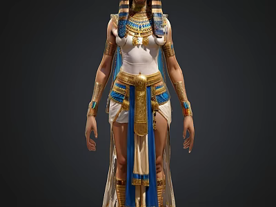 Ancient Egyptian Traditional Costume With Golden Ornaments Blue White Colors Headpiece And Belt 3d model