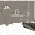 Modern White Dressing Table With Transparent Chair And Floor Lamp Near Glass Block Wall