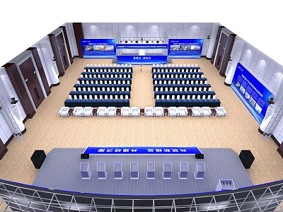 Spacious Conference Hall With Rows Of Seats Stage Blue Screens And Banners 3d model