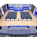 Spacious Conference Hall With Rows Of Seats Stage Blue Screens And Banners